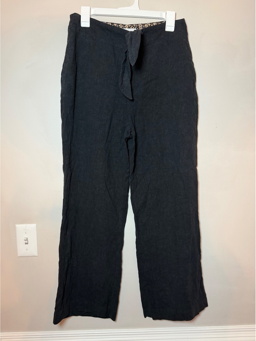 Anthropologie Black Linen Wide-Leg Pants with Tie Waist, Size US 8 / UK 12